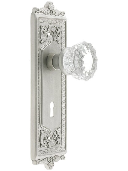 Egg and Dart Style Mortise Lock Set with Fluted Crystal Door Knobs in Satin Nickel.
